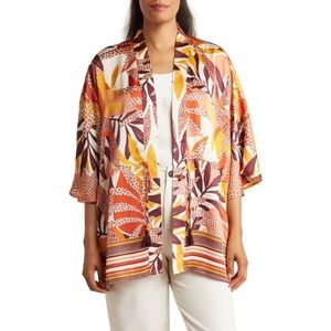 NWT DR2 Daniel Rainn Tropical Satin Ruana Wide 3/4 Sleeves Beaded Drawstring S/M